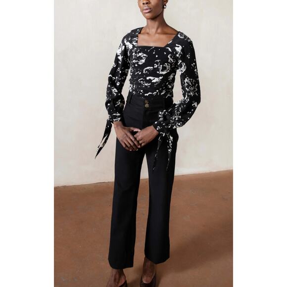 MARIA STANLEY Hamline Blouse Top Black White Cosmos Puff Sleeve Square Neck Sz L - Picture 2 of 11